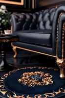 Luxurious black leather sofa with gold ornate details and decorative round rug featuring baroque pattern in dark interior setting, elegant furniture arrangement.