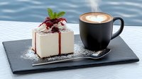 Creamy cheesecake slice with berry sauce and mint garnish served alongside black coffee cup with heart latte art on dark slate plate. Food photography.