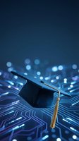 Graduation cap with golden tassel on futuristic digital circuit board background with glowing blue lights representing online education technology.