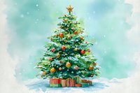 Watercolor Christmas tree decorated with colorful ornaments and gold star topper, surrounded by wrapped presents on snowy ground against turquoise background.