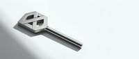 Metallic key with geometric head design on white background, isolated and ready for graphic design, web, print, and commercial applications.