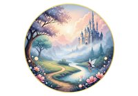 Fairy tale castle landscape in a round frame with a fairy, river, and blooming flowers, isolated on white background, ready for design use.