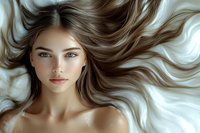 Young Caucasian woman with flowing brown hair spread out on white background, natural makeup, bare shoulders, looking directly at camera with serene expression.