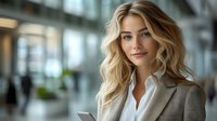 Young blonde businesswoman with wavy hair wearing grey blazer and white shirt smiling confidently in modern office interior, holding smartphone, professional corporate portrait.