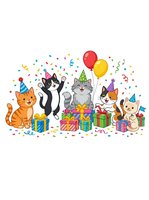 Cartoon cats celebrating birthday party with colorful gifts, balloons, confetti and party hats. Isolated clipart for greeting cards, invitations, children's designs and festive decorations.