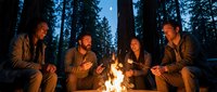 Four friends enjoying campfire gathering in dark forest at night sharing stories and laughter during outdoor adventure camping trip under starry sky.