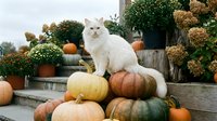 White fluffy cat sitting among colorful pumpkins and autumn chrysanthemums on stone steps, seasonal fall decoration display for harvest celebration.