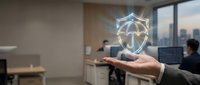 Young male professional in business casual attire holding glowing shield security icon in modern office environment with colleagues and city skyline visible through windows.