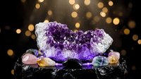 Glowing amethyst crystal cluster surrounded by colorful gemstones on dark background with golden bokeh lights for spiritual wellness.