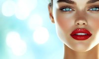 Close-up portrait of young woman with freckles, bright red lipstick and blue eyes against blurred turquoise background with bokeh effect.