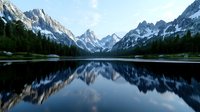Tranquil alpine lake reflecting snow-capped mountain peaks at dusk, with evergreen forest along shoreline creating mirror-like symmetry in still waters.