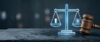 Digital justice scales with gavel on dark surface representing legal balance, law firm services, attorney consultation, and judicial system concepts.