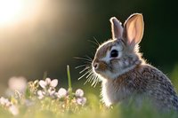 Young brown rabbit sitting in spring meadow among white flowers at sunset, soft natural bokeh background creates dreamy atmosphere. Wildlife photography.