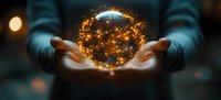 Magical glowing sphere with golden sparkles floating between cupped hands against dark background, creating mystical atmospheric mood for fantasy concepts.
