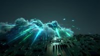 Digital mountain landscape with glowing cyan light rays emanating from peak over circuit board cityscape, representing data flow, technology innovation, and digital transformation for tech companies and futuristic concepts.