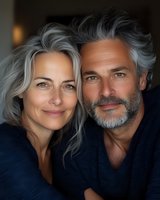 Mature Caucasian couple with silver gray hair smiling at camera, wearing navy blue casual clothing. Close up portrait showing natural aging and genuine happiness.