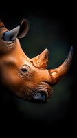 Majestic rhinoceros head profile with prominent horn against dark gradient background showcasing wildlife power and strength in dramatic lighting composition.