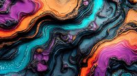 Vibrant abstract fluid art with swirling layers in turquoise, orange, purple, and black creates dynamic wavy pattern. Colorful marbled texture for modern wall decor.