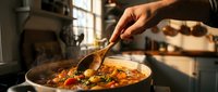 Professional chef stirring fresh vegetable stew in kitchen pan with wooden spoon. Cooking homemade meal with tomatoes and herbs in restaurant setting.