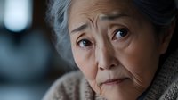 Elderly Asian woman with concerned expression wearing beige sweater against dark background, portraying worry, loneliness and contemplation in senior healthcare concept.