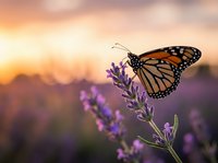 Monarch butterfly perched on purple lavender flower at golden sunrise, with soft blurred field background. Nature and wildlife photography for editorial and commercial use.