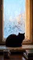 Black cat sitting on wooden windowsill gazing at frost-covered window with intricate ice crystal patterns, metal mug and book nearby, winter atmosphere for seasonal and cozy home decor projects.