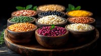 Variety of colorful legumes and beans in wooden bowls on rustic dark background. Raw organic pulses collection with fresh herbs for healthy cooking.
