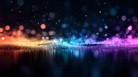 Magical glowing particles in rainbow colors floating over reflective surface against dark background, creating dreamy atmospheric effect with bokeh lights.