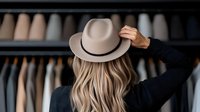 Young woman with long blonde hair wearing black sweater and beige fedora hat photographed from behind against blurred wardrobe background. Fashion lifestyle portrait.