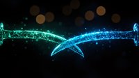 Glowing crossed swords made of magical blue and green light particles with sparkles and bokeh effects on dark background. Fantasy battle concept.