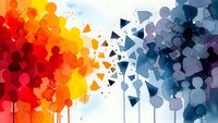 Abstract geometric shapes transition from warm orange red to cool blue purple tones with flowing paint drips creating dynamic artistic composition.