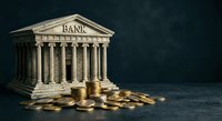 Classical bank building with golden coins scattered around base representing financial institution wealth and monetary services for business concepts.