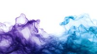 Vibrant purple and turquoise smoke blend creating dynamic abstract waves against white background, flowing movement captures ethereal atmospheric effect.