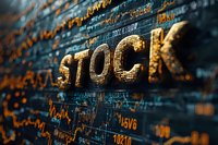 Golden illuminated STOCK text on digital background with financial data, market charts and numbers. Dynamic trading visualization for finance presentations.