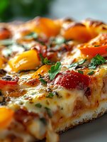 Fresh baked pizza with melted mozzarella cheese, yellow and red cherry tomatoes, herbs and crispy crust shown in extreme close up macro photography.