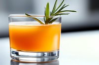 Fresh orange cocktail garnished with rosemary sprig in rocks glass on white surface against blurred background. Vibrant citrus drink for bar menu or recipe.