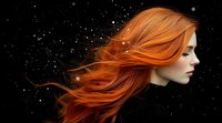 Young woman with flowing red hair against dark starry background, side profile view showing natural wind-blown movement and ethereal cosmic atmosphere.