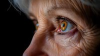 Extreme close up macro shot of bright amber colored human eye with detailed iris pattern, wrinkles and eyelashes against dark background, dramatic lighting.