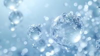 Transparent water bubbles floating in soft blue background with bokeh effect, creating clean fresh atmosphere for cosmetic or skincare advertising.