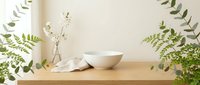 Minimalist spa bathroom interior with white ceramic bowl on wooden shelf, eucalyptus branches and towels creating serene wellness atmosphere for relaxation.