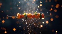 Grilled shish kebab with vegetables floating in air against dark background with magical golden bokeh lights and sparkles. Food photography concept.