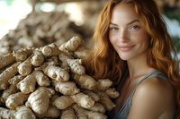 Young redhead woman with natural smile standing next to fresh ginger root pile at farmers market, showcasing organic produce.
