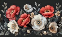 Beautiful red and white poppies arrangement on dark background, floral composition with leaves and buds perfect for wall art, textile design and home decor projects.