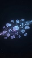 Digital communication network with glowing icons flowing through connected lines on dark background for technology and social media concepts.
