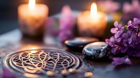 Spiritual wellness scene with sacred geometry mandala, glowing candles, zen stones and purple lilac flowers on dark background for meditation practice.