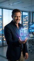 Middle-aged Caucasian male businessman in dark blazer holding glowing gift box hologram in modern office with city skyline view, representing digital innovation and corporate technology solutions.