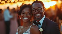 Happy African American bride and groom share joyful moment at sunset wedding reception with warm bokeh lights creating romantic atmosphere. Perfect for wedding industry.