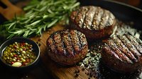 Grilled beef tenderloin steaks with fresh herbs and peppercorn sauce on wooden cutting board. Juicy meat with perfect grill marks and aromatic seasoning.