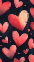 Red and pink hearts floating on dark background with subtle texture and sparkle effects. Romantic pattern suitable for Valentine's Day cards and love-themed designs.