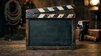 Vintage film clapperboard with blank slate on wooden surface surrounded by cinema equipment, rope and lighting gear for movie production and filmmaking projects.